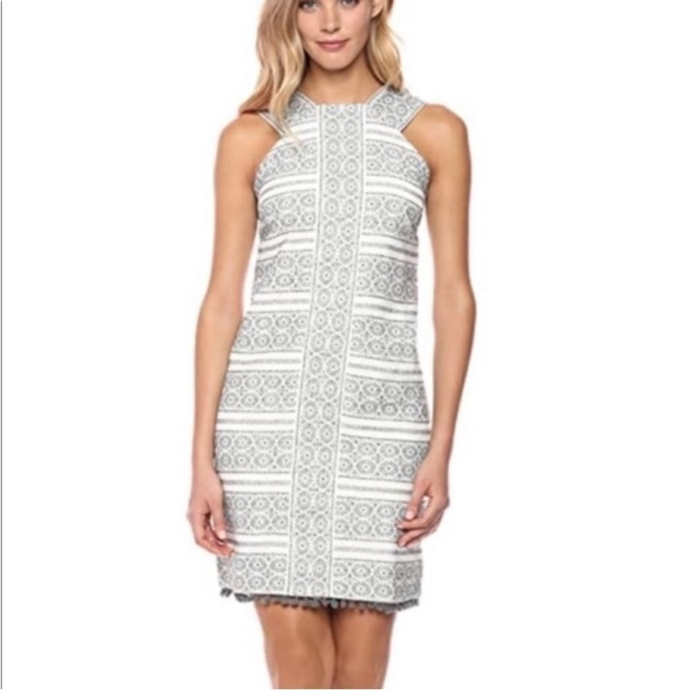 Maggy London Petite Gray White Floral Jacquard Sleeveless Shift Dress - Size 2P